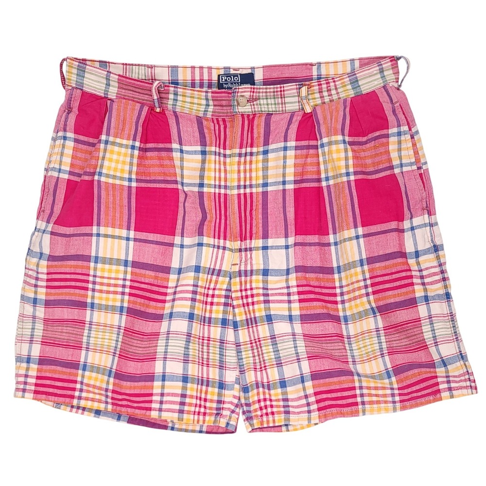 Polo Ralph Lauren Vintage Mens 36 Madras Plaid Shorts Pink Yellow Blue Made USA